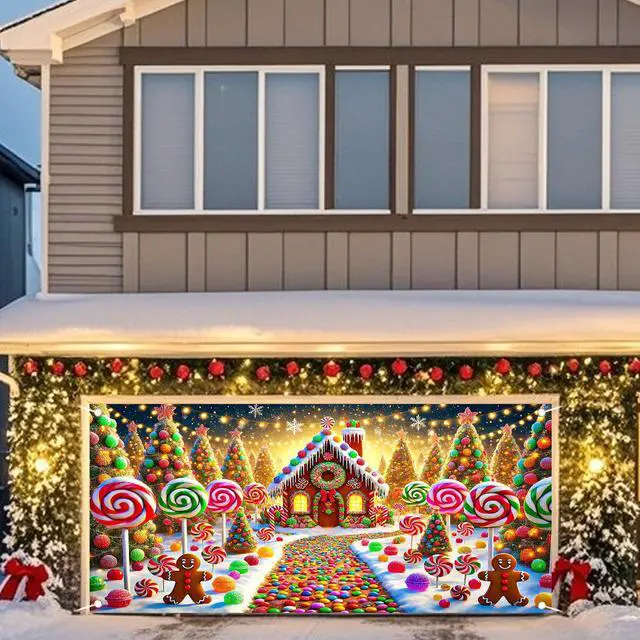 Alt view image 4 of 6 - Christmas Garage Door Cover 6x13 Ft Polyester Xmas | Holiday Decor, Festive Display, Garage Door Christmas Cover, Front Door Decor, Home, Party, Store (Gingerbread Candy House)
