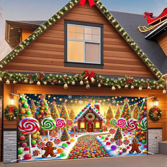 Alt view image 2 of 6 - Christmas Garage Door Cover 6x13 Ft Polyester Xmas | Holiday Decor, Festive Display, Garage Door Christmas Cover, Front Door Decor, Home, Party, Store (Gingerbread Candy House)