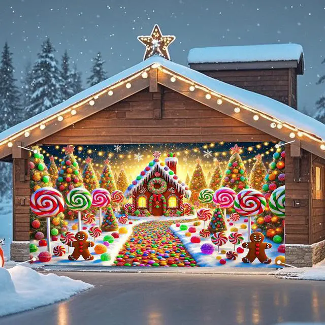 Alt view image 6 of 6 - Christmas Garage Door Cover 6x13 Ft Polyester Xmas | Holiday Decor, Festive Display, Garage Door Christmas Cover, Front Door Decor, Home, Party, Store (Gingerbread Candy House)