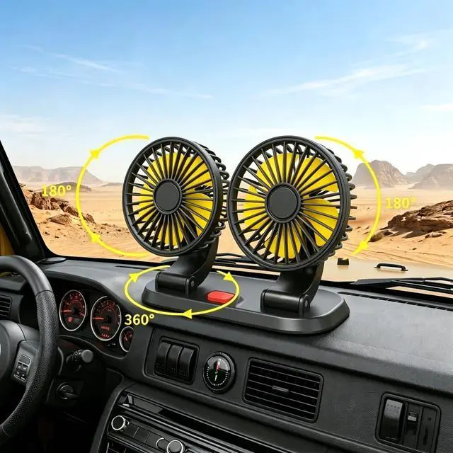 Alt view image 2 of 7 - Dual Head 12V Car Fan for SUV Truck RV with No AC,Adjustable Car Cool Fan, Dual Head Design, 2-speed Adjustable, 360° Rotating Portable Car Fan,Powered by Cigarette Lighter