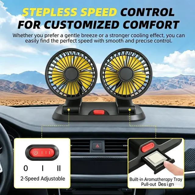 Alt view image 7 of 7 - Dual Head 12V Car Fan for SUV Truck RV with No AC,Adjustable Car Cool Fan, Dual Head Design, 2-speed Adjustable, 360° Rotating Portable Car Fan,Powered by Cigarette Lighter