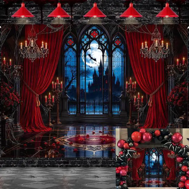 Main image of Halloween Gothic Castle Backdrop Banner 7x5FT Vampire Haunted Mansion Photography Background Red Curtain Candle Moon Bat Spooky Window Halloween Party Decorations Horror Photo Booth Props