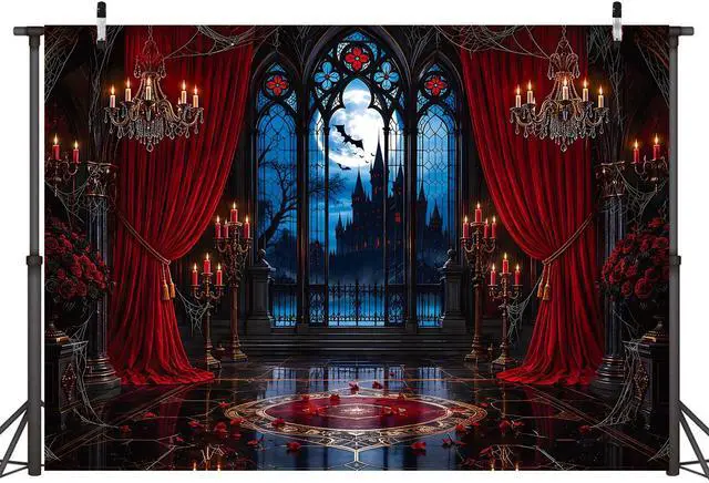 Alt view image 2 of 7 - Halloween Gothic Castle Backdrop Banner 7x5FT Vampire Haunted Mansion Photography Background Red Curtain Candle Moon Bat Spooky Window Halloween Party Decorations Horror Photo Booth Props