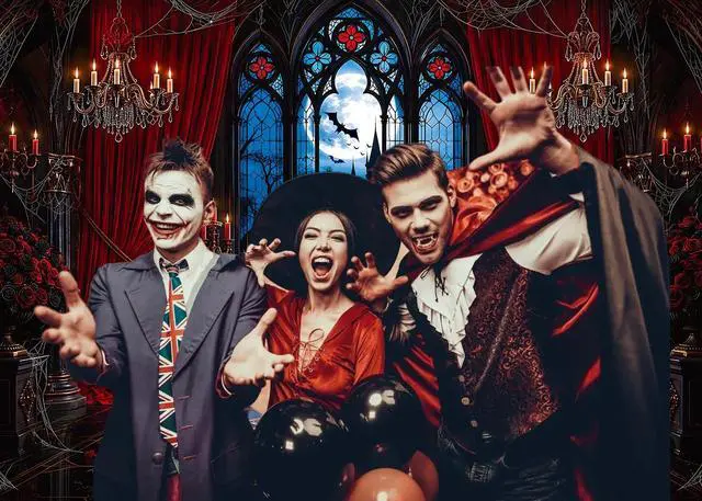 Alt view image 4 of 7 - Halloween Gothic Castle Backdrop Banner 7x5FT Vampire Haunted Mansion Photography Background Red Curtain Candle Moon Bat Spooky Window Halloween Party Decorations Horror Photo Booth Props