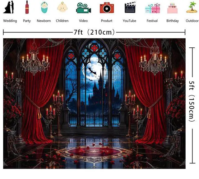 Alt view image 6 of 7 - Halloween Gothic Castle Backdrop Banner 7x5FT Vampire Haunted Mansion Photography Background Red Curtain Candle Moon Bat Spooky Window Halloween Party Decorations Horror Photo Booth Props