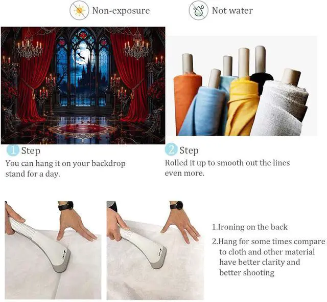 Alt view image 7 of 7 - Halloween Gothic Castle Backdrop Banner 7x5FT Vampire Haunted Mansion Photography Background Red Curtain Candle Moon Bat Spooky Window Halloween Party Decorations Horror Photo Booth Props