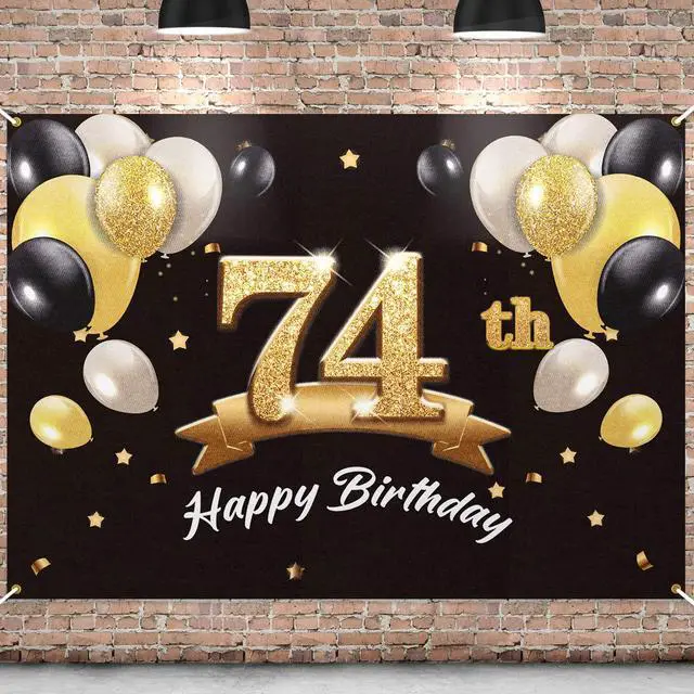 Main image of Happy 74th Birthday Banner Backdrop - 74 Birthday Party Decorations Supplies for Men - Black Gold 4 x 6ft