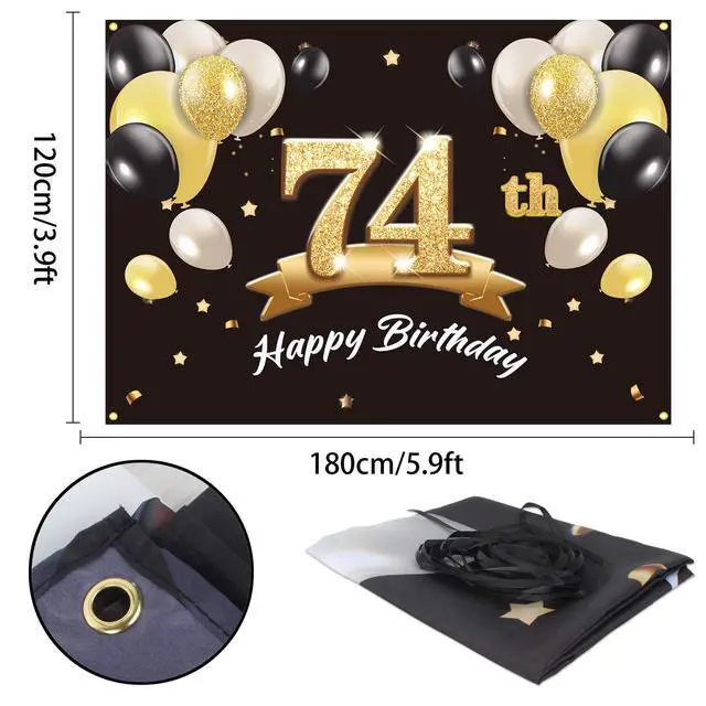 Alt view image 2 of 6 - Happy 74th Birthday Banner Backdrop - 74 Birthday Party Decorations Supplies for Men - Black Gold 4 x 6ft