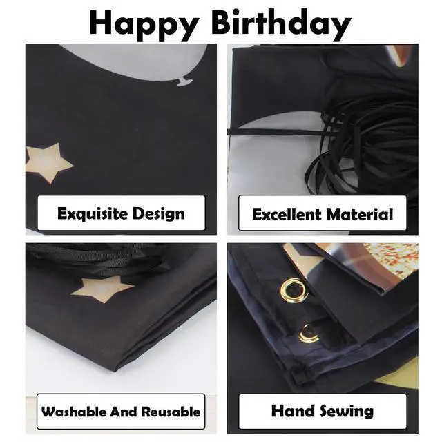 Alt view image 3 of 6 - Happy 74th Birthday Banner Backdrop - 74 Birthday Party Decorations Supplies for Men - Black Gold 4 x 6ft