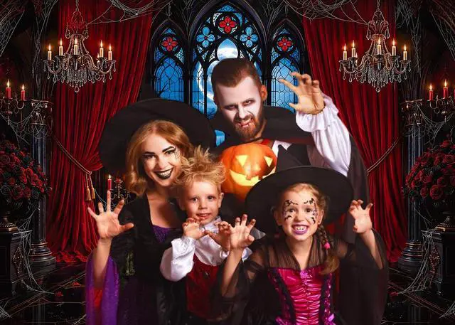 Alt view image 3 of 7 - Halloween Gothic Castle Backdrop Banner 7x5FT Vampire Haunted Mansion Photography Background Red Curtain Candle Moon Bat Spooky Window Halloween Party Decorations Horror Photo Booth Props