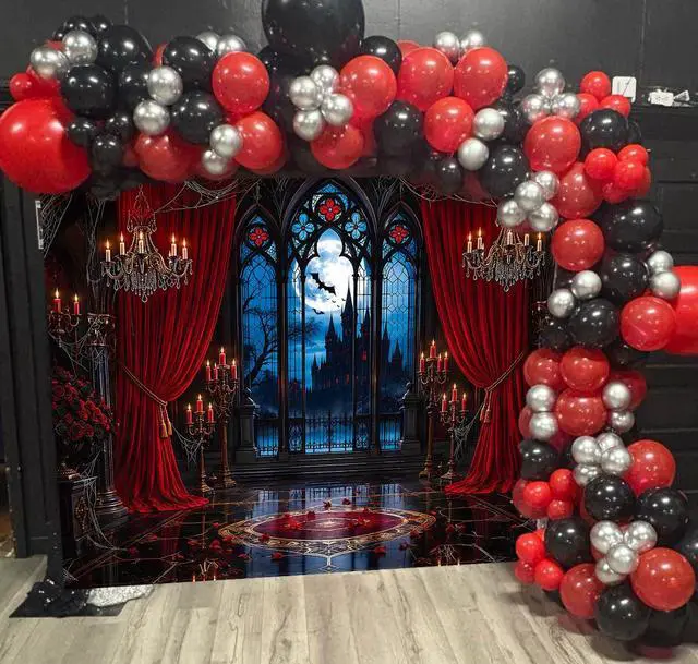 Alt view image 5 of 7 - Halloween Gothic Castle Backdrop Banner 7x5FT Vampire Haunted Mansion Photography Background Red Curtain Candle Moon Bat Spooky Window Halloween Party Decorations Horror Photo Booth Props
