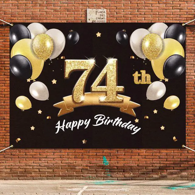 Alt view image 5 of 6 - Happy 74th Birthday Banner Backdrop - 74 Birthday Party Decorations Supplies for Men - Black Gold 4 x 6ft