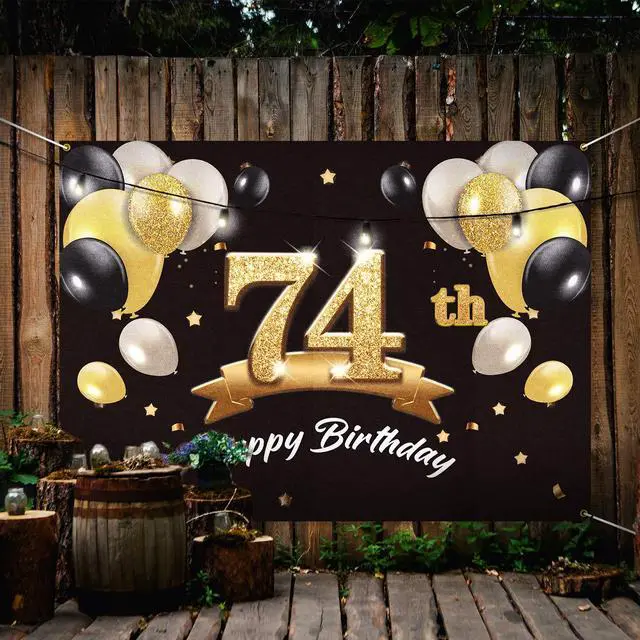 Alt view image 6 of 6 - Happy 74th Birthday Banner Backdrop - 74 Birthday Party Decorations Supplies for Men - Black Gold 4 x 6ft