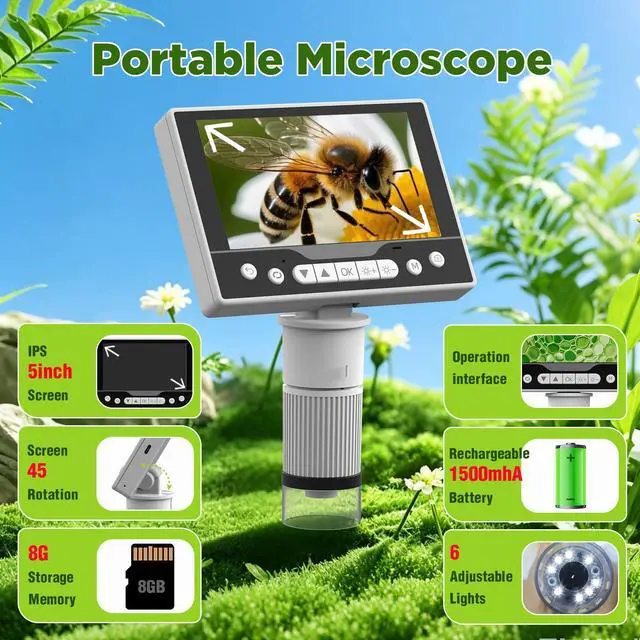 Alt view image 2 of 7 - Digital Microscope, 12MP 1080P Handheld Microscope with 8 Adjustable LED Lights, 5" LCD Screen Coin Microscope 1000X, USB Microscope for Windows/MacOS, White