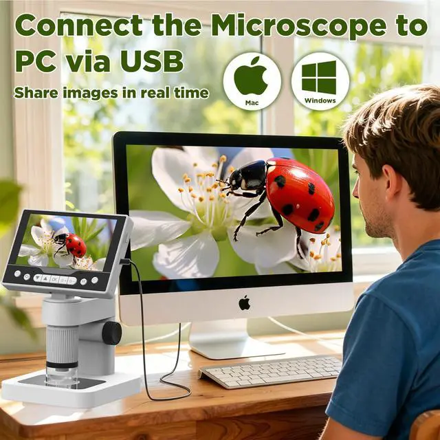 Alt view image 4 of 7 - Digital Microscope, 12MP 1080P Handheld Microscope with 8 Adjustable LED Lights, 5" LCD Screen Coin Microscope 1000X, USB Microscope for Windows/MacOS, White