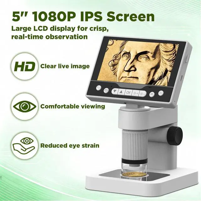 Alt view image 5 of 7 - Digital Microscope, 12MP 1080P Handheld Microscope with 8 Adjustable LED Lights, 5" LCD Screen Coin Microscope 1000X, USB Microscope for Windows/MacOS, White