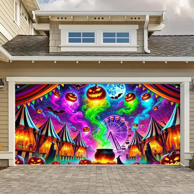 Main image of Halloween Garage Door Covers Decorative 13x6ft Banner | Polyester, carnival witch party Halloween Garage Door Covers Decorative for festive yard, wall and door