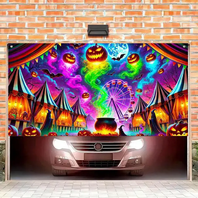 Alt view image 2 of 6 - Halloween Garage Door Covers Decorative 13x6ft Banner | Polyester, carnival witch party Halloween Garage Door Covers Decorative for festive yard, wall and door