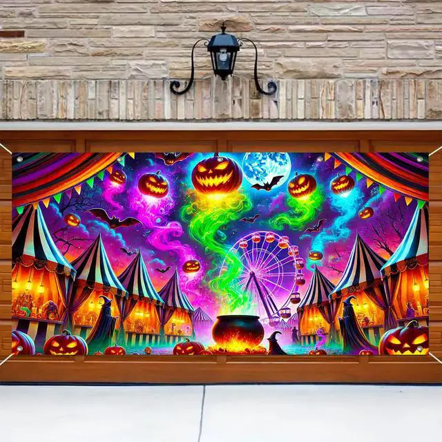 Alt view image 4 of 6 - Halloween Garage Door Covers Decorative 13x6ft Banner | Polyester, carnival witch party Halloween Garage Door Covers Decorative for festive yard, wall and door