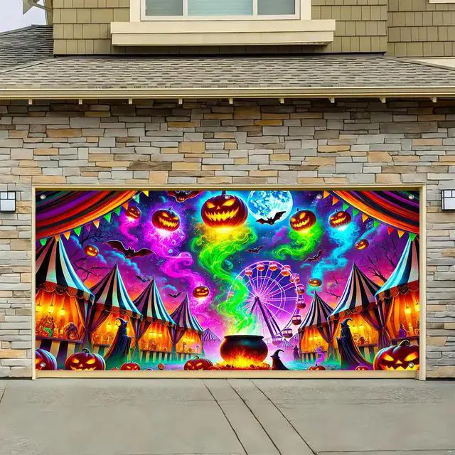 Alt view image 5 of 6 - Halloween Garage Door Covers Decorative 13x6ft Banner | Polyester, carnival witch party Halloween Garage Door Covers Decorative for festive yard, wall and door