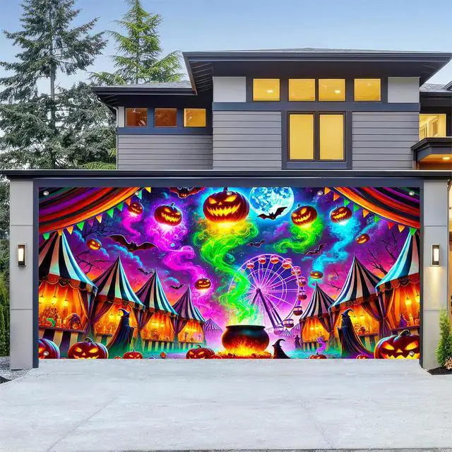 Alt view image 6 of 6 - Halloween Garage Door Covers Decorative 13x6ft Banner | Polyester, carnival witch party Halloween Garage Door Covers Decorative for festive yard, wall and door