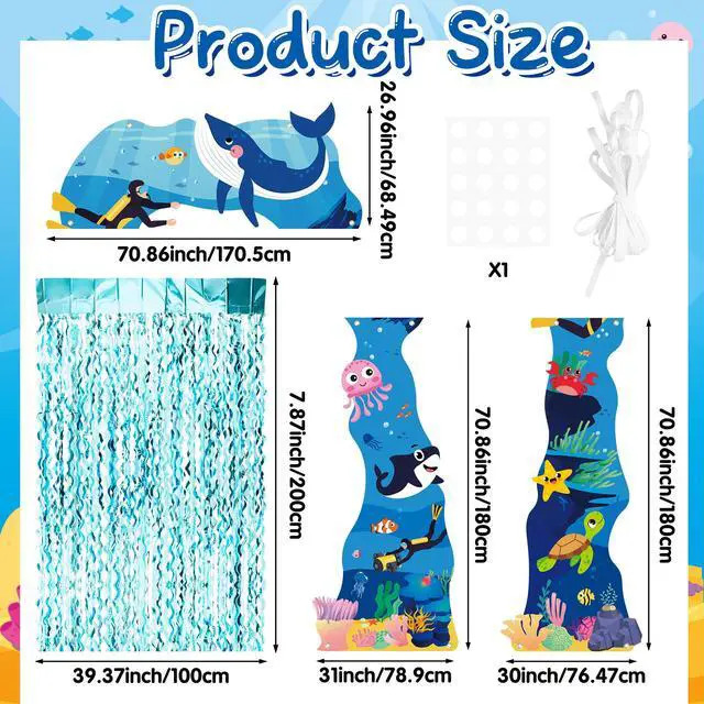 Alt view image 2 of 6 - Door Porch Banner Set - 7Pcs Under the Sea Backdrop with Blue Tinsel Fringe Curtain, Photo Props Welcome Hanging Decorations for Birthday Party School Classroom (Ocean)