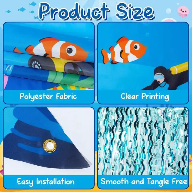 Alt view image 3 of 6 - Door Porch Banner Set - 7Pcs Under the Sea Backdrop with Blue Tinsel Fringe Curtain, Photo Props Welcome Hanging Decorations for Birthday Party School Classroom (Ocean)