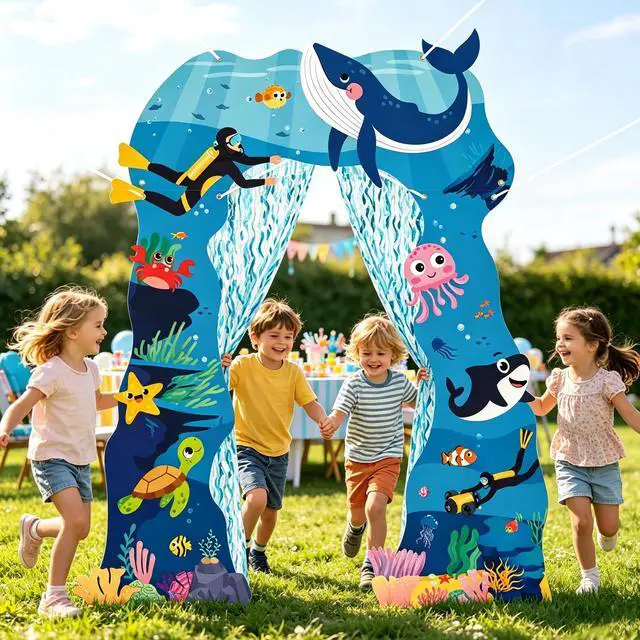 Alt view image 4 of 6 - Door Porch Banner Set - 7Pcs Under the Sea Backdrop with Blue Tinsel Fringe Curtain, Photo Props Welcome Hanging Decorations for Birthday Party School Classroom (Ocean)