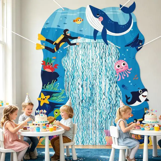 Alt view image 5 of 6 - Door Porch Banner Set - 7Pcs Under the Sea Backdrop with Blue Tinsel Fringe Curtain, Photo Props Welcome Hanging Decorations for Birthday Party School Classroom (Ocean)