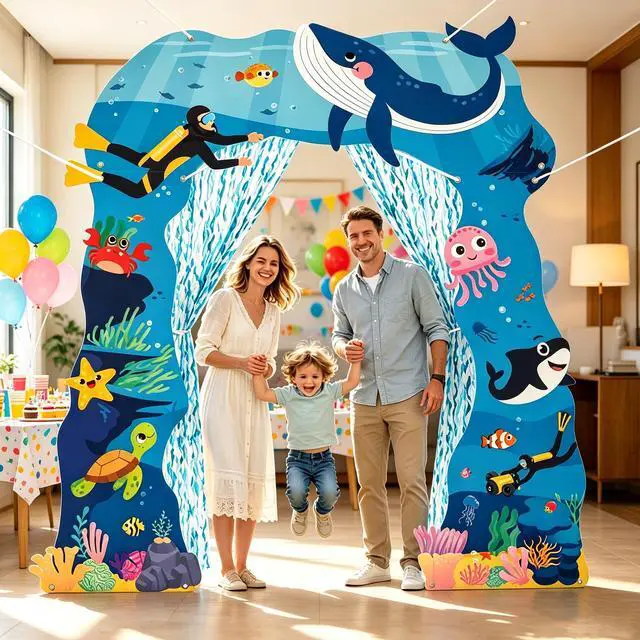 Alt view image 6 of 6 - Door Porch Banner Set - 7Pcs Under the Sea Backdrop with Blue Tinsel Fringe Curtain, Photo Props Welcome Hanging Decorations for Birthday Party School Classroom (Ocean)