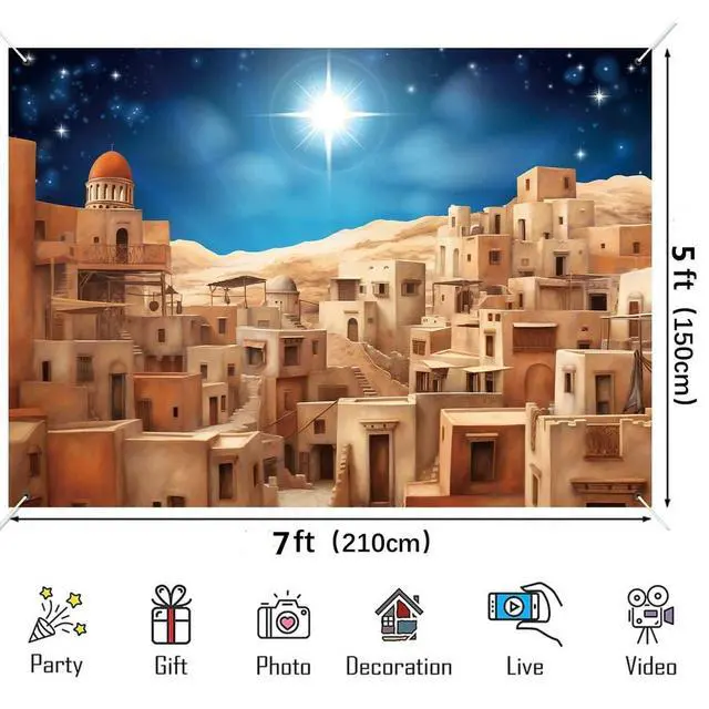 Alt view image 4 of 5 - 7x5ft Bethlehem Town Village Backdrop Nativity Christmas Decor Bethlehem Cityscape Scene Banner Christmas Story Scene for Xmas Church Vbs Vacation Bible School Supplies