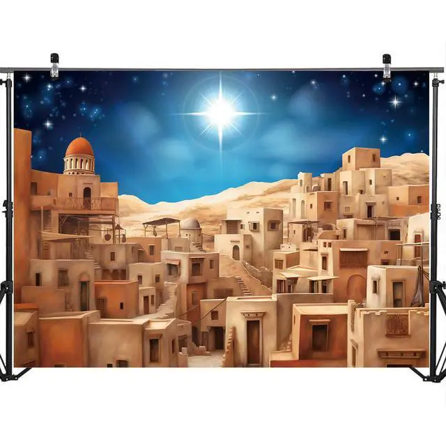 Alt view image 3 of 5 - 7x5ft Bethlehem Town Village Backdrop Nativity Christmas Decor Bethlehem Cityscape Scene Banner Christmas Story Scene for Xmas Church Vbs Vacation Bible School Supplies