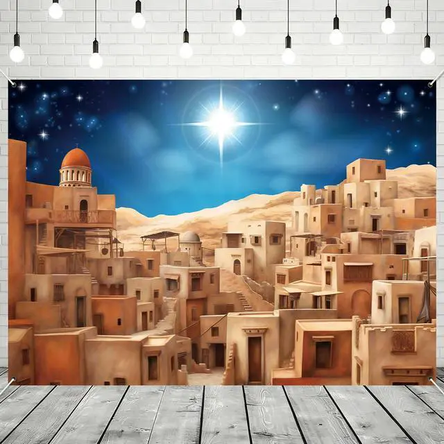 Alt view image 5 of 5 - 7x5ft Bethlehem Town Village Backdrop Nativity Christmas Decor Bethlehem Cityscape Scene Banner Christmas Story Scene for Xmas Church Vbs Vacation Bible School Supplies