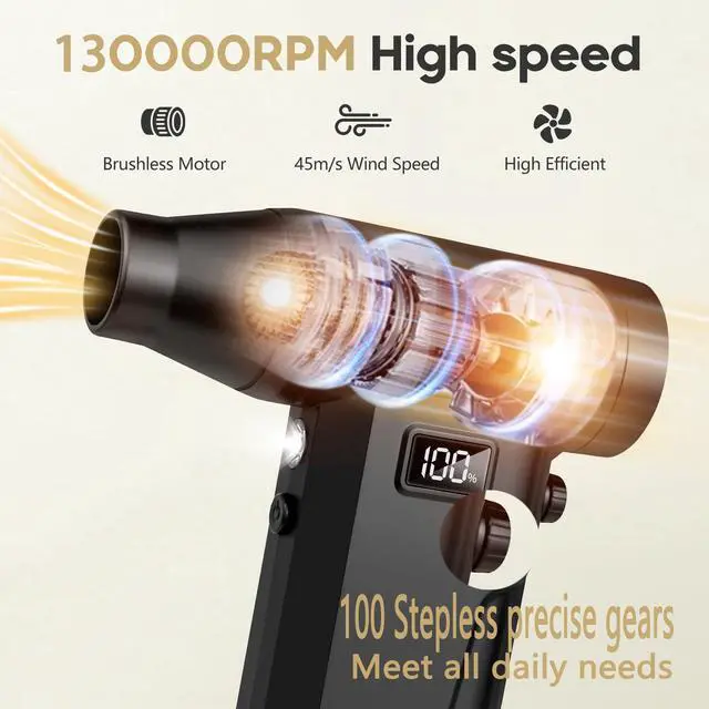 Alt view image 3 of 6 - Compressed Air Duster, 130000RPM 100 Gear Speed Adjustable Electric Air Blower, Brushless Motor Cordless Air Duster with Type-C Fast Charging, for Keyboard, Computer, Car, Home, Outdoor CleaningPet