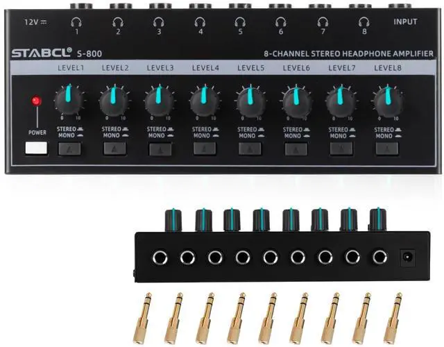 Main image of Headphone Amplifier 8 Channel, Stereo Headphone Amp with 9 Pcs 6.35mm to 3.5mm Jack, Metal Portable Studio Headphone Amp Splitter, Headphone Mixer with Mono and Stereo for Recording Studios