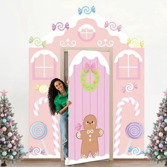 Main image of 4 Pcs Gingerbread House Door Cover Christmas Backdrop Photo Booth | Pastel Candy Pink Theme, Porch Sign Decoration, Holiday Party Decor, Xmas Gingerbread Design for Home Classroom
