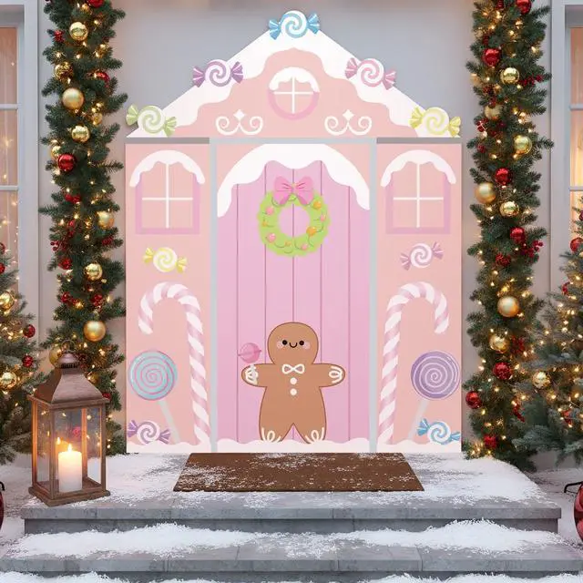 Alt view image 4 of 6 - 4 Pcs Gingerbread House Door Cover Christmas Backdrop Photo Booth | Pastel Candy Pink Theme, Porch Sign Decoration, Holiday Party Decor, Xmas Gingerbread Design for Home Classroom