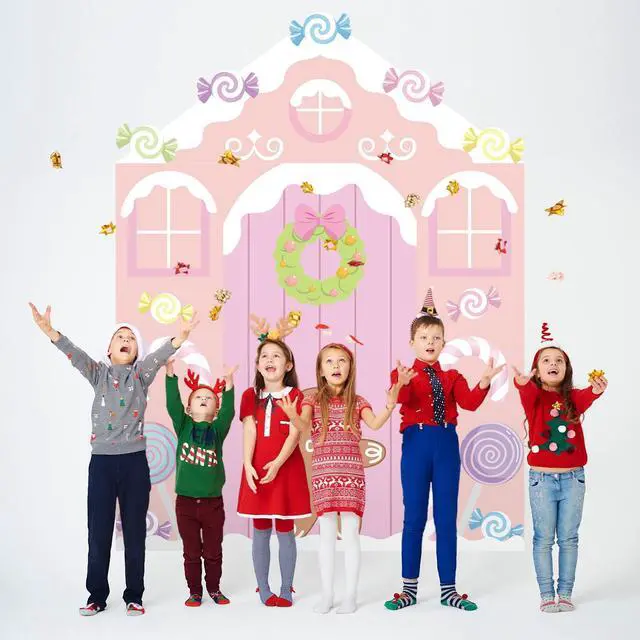 Alt view image 6 of 6 - 4 Pcs Gingerbread House Door Cover Christmas Backdrop Photo Booth | Pastel Candy Pink Theme, Porch Sign Decoration, Holiday Party Decor, Xmas Gingerbread Design for Home Classroom