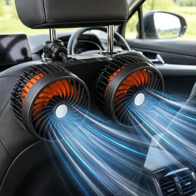 Main image of Car Backseat Fans Rear Facing, Cigarette Lighter Dual Head Cooling Fans for Back Seat Kids, 360° Rotatable Strong Wind 3 Speeds Adjustable, Headrest Car Seat Fan for SUV, RV, Truck