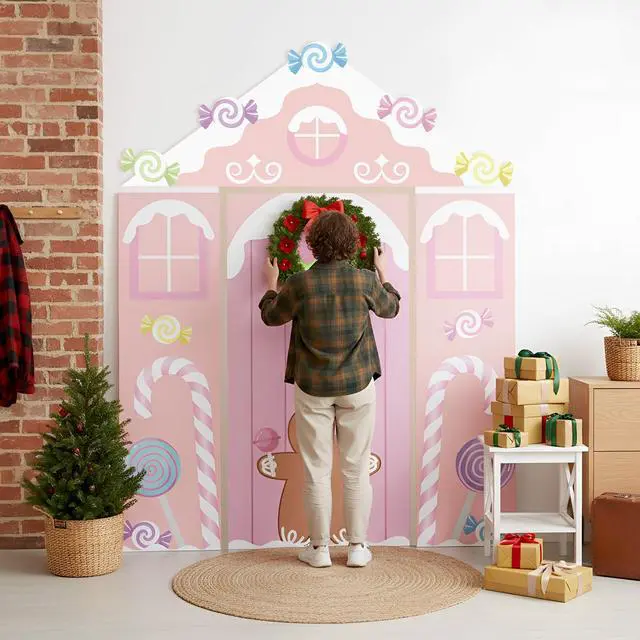 Alt view image 5 of 6 - 4 Pcs Gingerbread House Door Cover Christmas Backdrop Photo Booth | Pastel Candy Pink Theme, Porch Sign Decoration, Holiday Party Decor, Xmas Gingerbread Design for Home Classroom