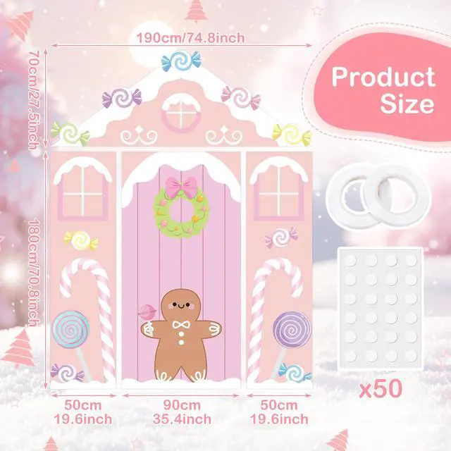 Alt view image 2 of 6 - 4 Pcs Gingerbread House Door Cover Christmas Backdrop Photo Booth | Pastel Candy Pink Theme, Porch Sign Decoration, Holiday Party Decor, Xmas Gingerbread Design for Home Classroom