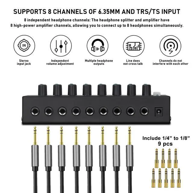 Alt view image 3 of 7 - Headphone Amplifier 8 Channel, Stereo Headphone Amp with 9 Pcs 6.35mm to 3.5mm Jack, Metal Portable Studio Headphone Amp Splitter, Headphone Mixer with Mono and Stereo for Recording Studios