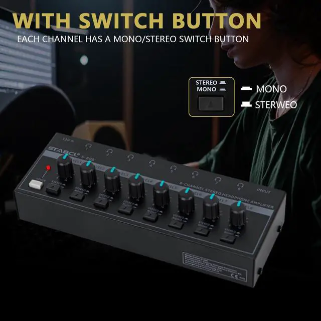 Alt view image 4 of 7 - Headphone Amplifier 8 Channel, Stereo Headphone Amp with 9 Pcs 6.35mm to 3.5mm Jack, Metal Portable Studio Headphone Amp Splitter, Headphone Mixer with Mono and Stereo for Recording Studios