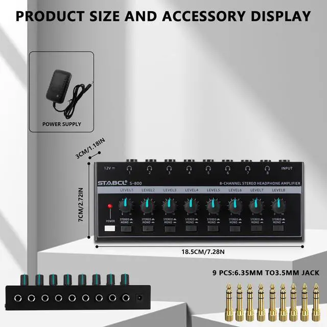 Alt view image 6 of 7 - Headphone Amplifier 8 Channel, Stereo Headphone Amp with 9 Pcs 6.35mm to 3.5mm Jack, Metal Portable Studio Headphone Amp Splitter, Headphone Mixer with Mono and Stereo for Recording Studios