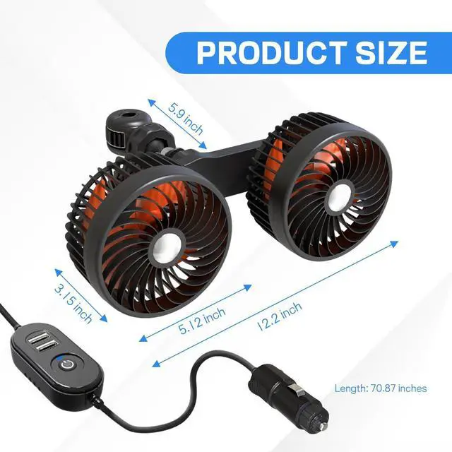 Alt view image 2 of 6 - Car Backseat Fans Rear Facing, Cigarette Lighter Dual Head Cooling Fans for Back Seat Kids, 360° Rotatable Strong Wind 3 Speeds Adjustable, Headrest Car Seat Fan for SUV, RV, Truck