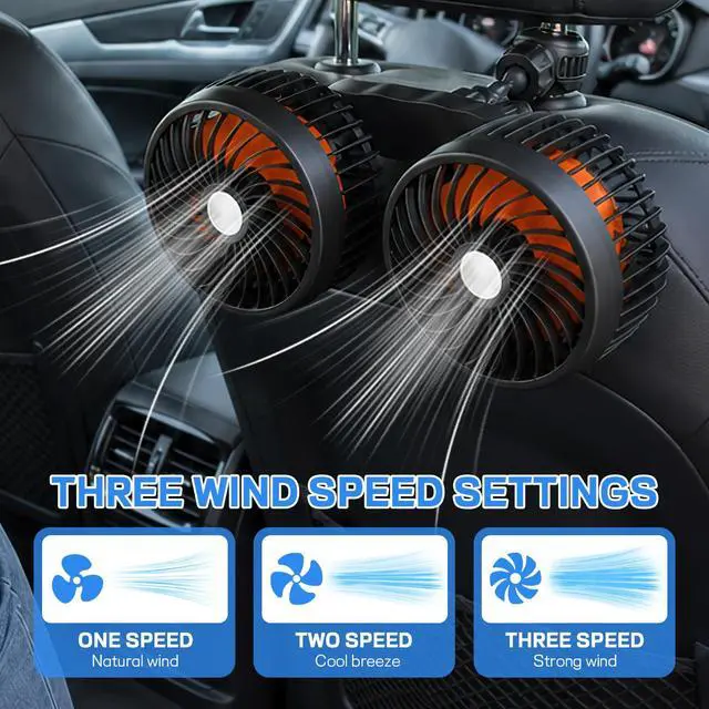 Alt view image 4 of 6 - Car Backseat Fans Rear Facing, Cigarette Lighter Dual Head Cooling Fans for Back Seat Kids, 360° Rotatable Strong Wind 3 Speeds Adjustable, Headrest Car Seat Fan for SUV, RV, Truck