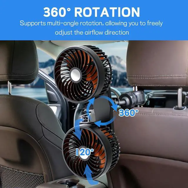 Alt view image 5 of 6 - Car Backseat Fans Rear Facing, Cigarette Lighter Dual Head Cooling Fans for Back Seat Kids, 360° Rotatable Strong Wind 3 Speeds Adjustable, Headrest Car Seat Fan for SUV, RV, Truck