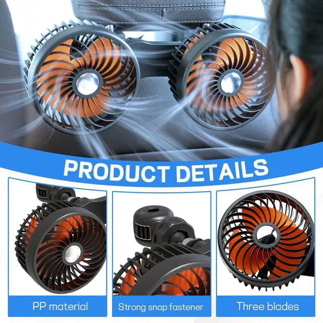 Alt view image 3 of 6 - Car Backseat Fans Rear Facing, Cigarette Lighter Dual Head Cooling Fans for Back Seat Kids, 360° Rotatable Strong Wind 3 Speeds Adjustable, Headrest Car Seat Fan for SUV, RV, Truck