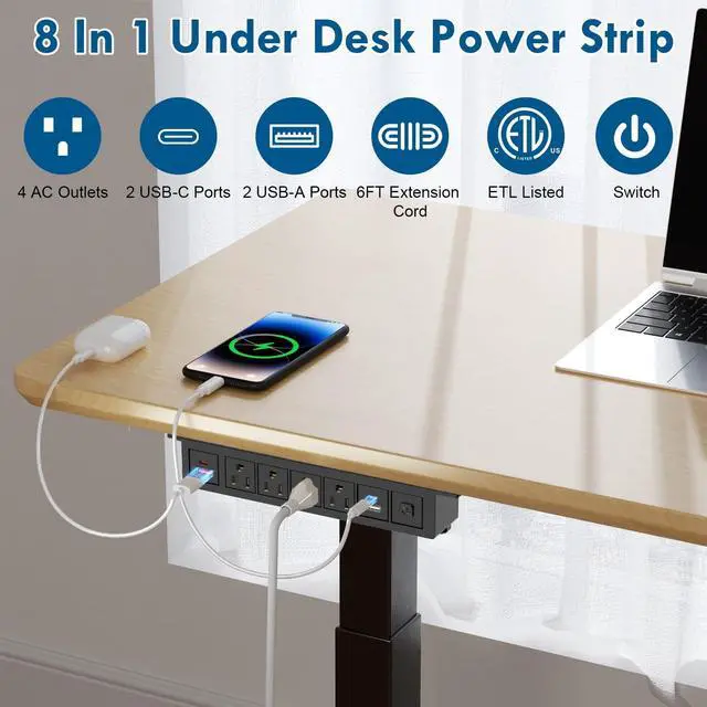 Alt view image 2 of 7 - 8 in 1 Under Desk Power Strip with Switch, 4 Outlets, 4 USB, 6FT Cord,14AWG | 20W USB-C,18W USB A, Mountable Under Desktop Outlet for Home Office Desk