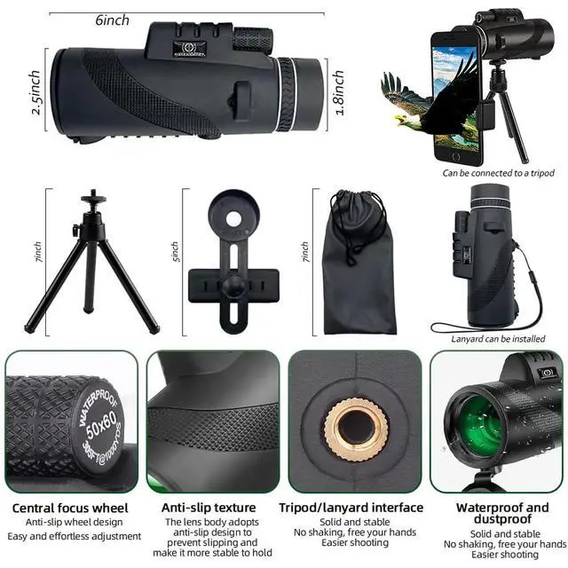 Alt view image 6 of 6 - 50x60 Monocular Telescope - Adult & Children Compact High-Definition Monocular with Smartphone Adapter Tripod for Outdoor Use